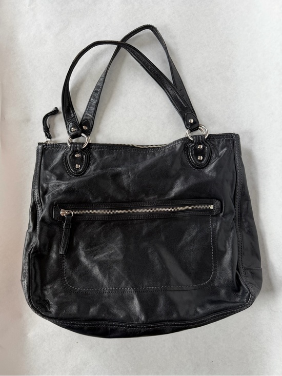 Coach Handbags - Coach Poppy Black Distressed Leather Glam Tote Shoulder Bag Turquoise Lining
